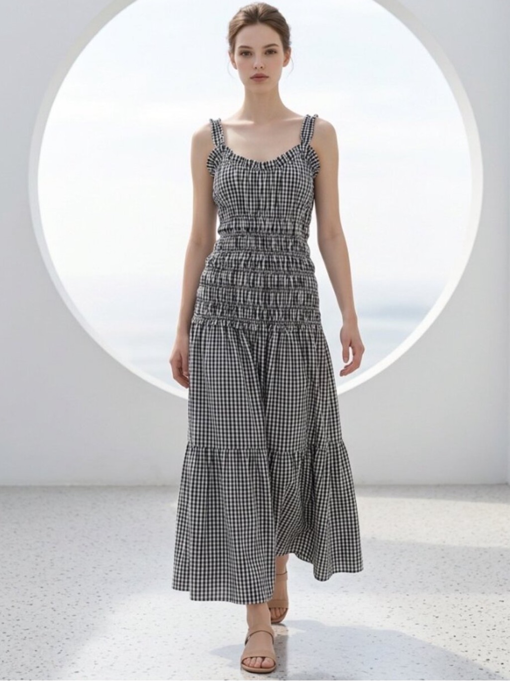 Caroline Constas Navy Blue Marianne Gingham Maxi Smocked Maxi Dress M (Doen